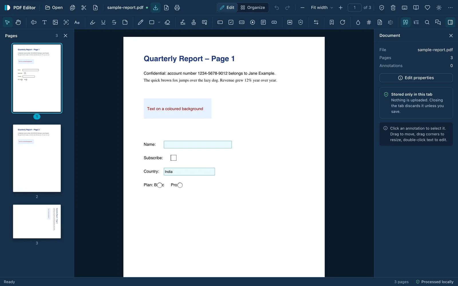 DyadForge PDF Editor with a three-page sample report open: page thumbnails on the left, the page in the centre, and a Document panel on the right noting the file is stored only in this tab. The status bar reads “Processed locally”.