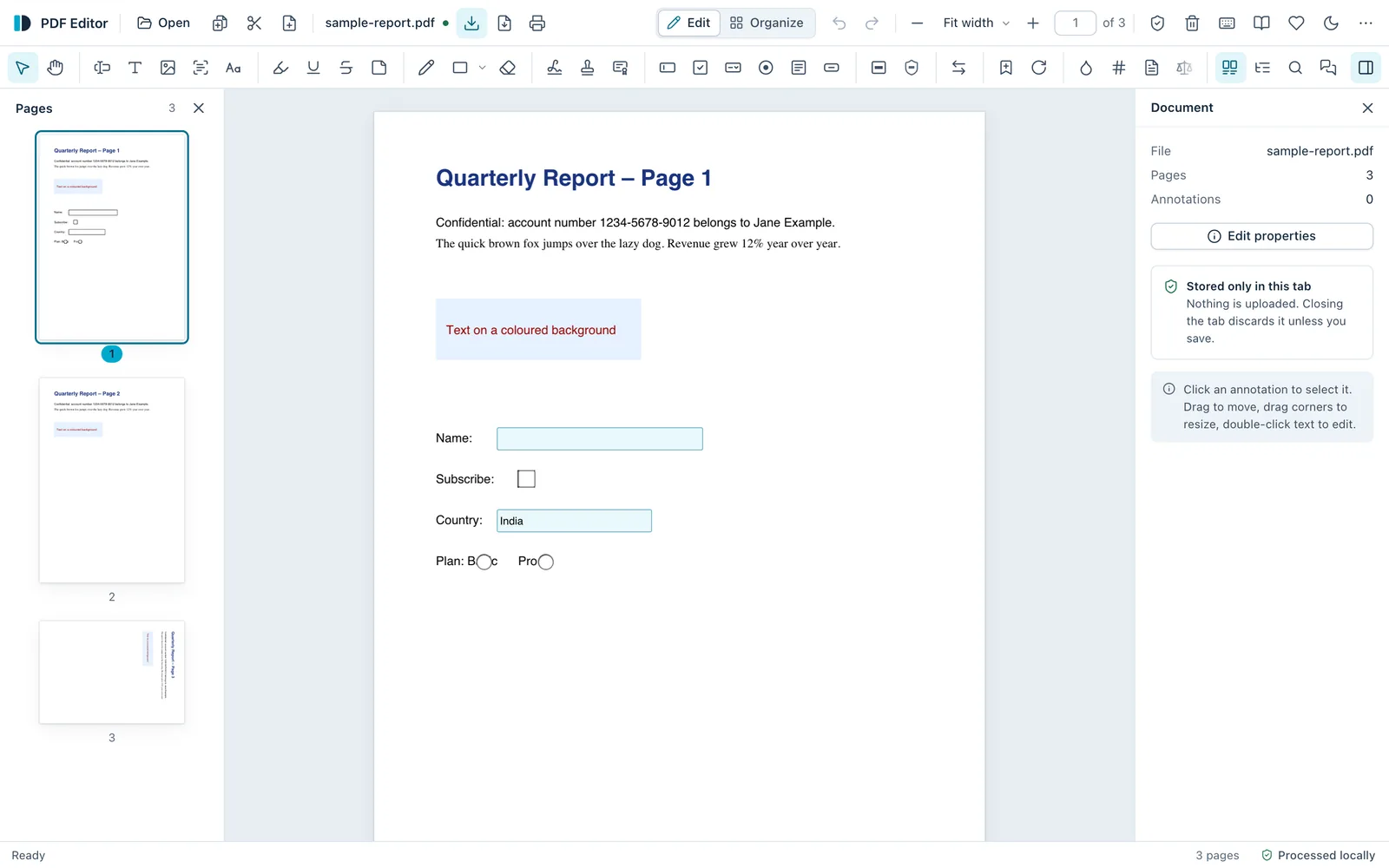 DyadForge PDF Editor with a three-page sample report open: page thumbnails on the left, the page in the centre, and a Document panel on the right noting the file is stored only in this tab. The status bar reads “Processed locally”.