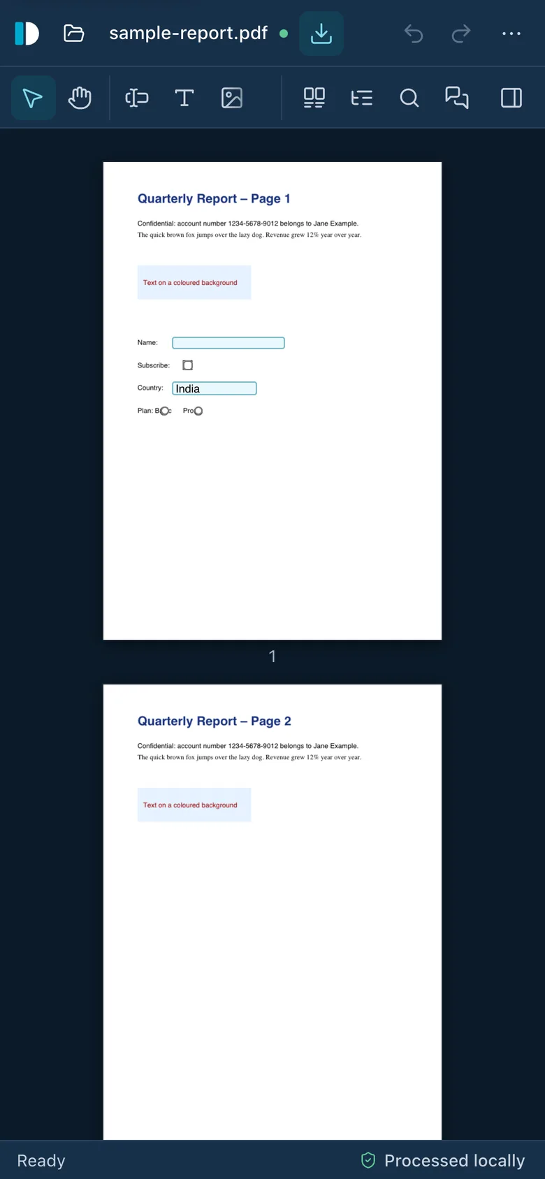 DyadForge PDF Editor on a phone, showing the sample report with a compact toolbar and the status “Processed locally”.