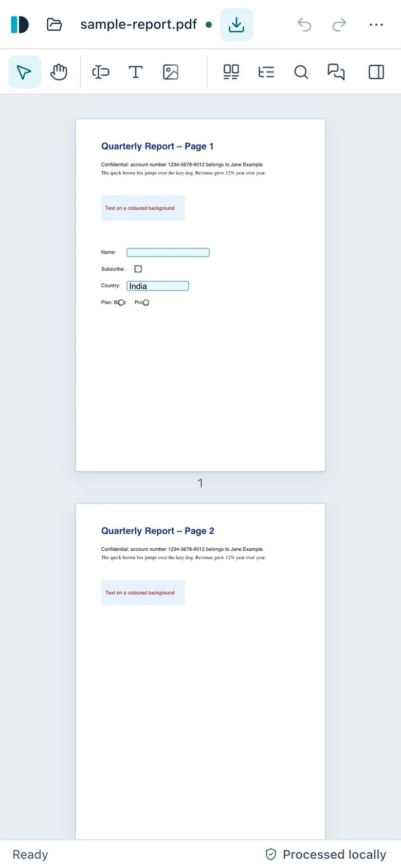 DyadForge PDF Editor on a phone, showing the sample report with a compact toolbar and the status “Processed locally”.